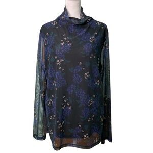 Ann Taylor Factory Black & Blue Dark Floral Sheer Mock Neck Blouse (Size XXL)
